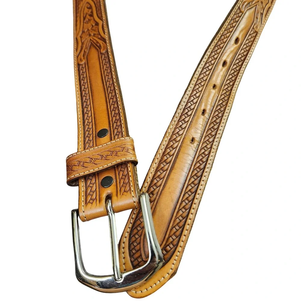 Vtg Justin Top Grain Cowhide Leather Belt Tooled Basketweave Western Size 42 USA